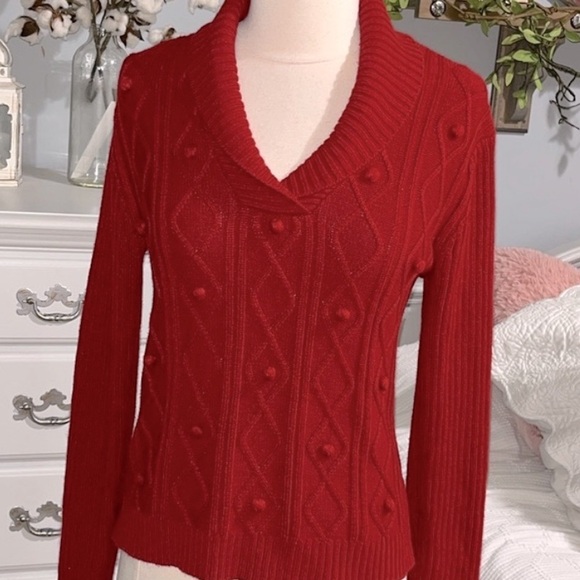 Evan Picone Red Acrylic Pom Pom Sweater Cable Knit Women Small Christmas Holiday - Picture 1 of 11